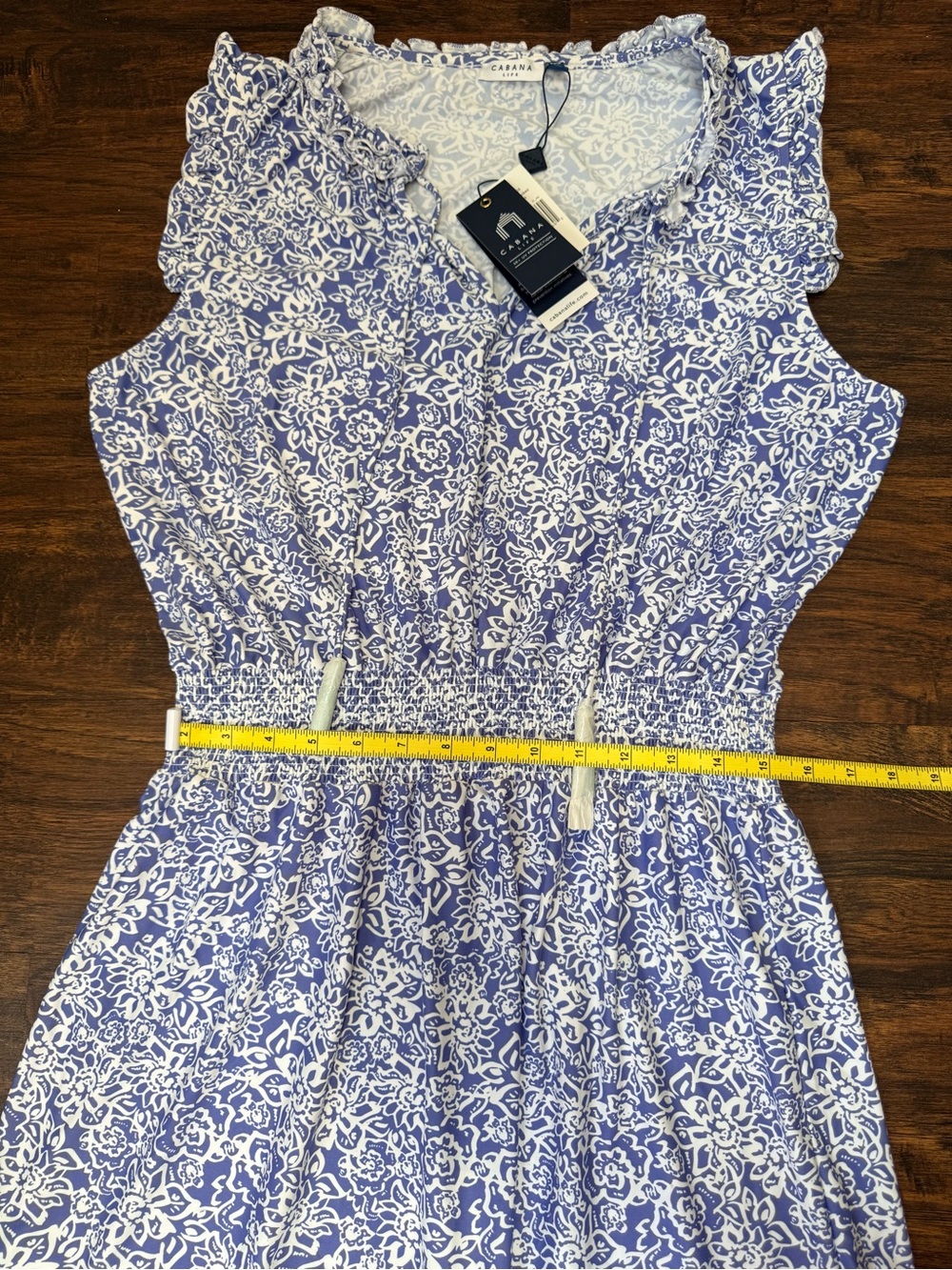 Cabana Life Lake Como Smocked Waist Sleeveless Blue Floral UPF 50 Dress Sz L NWT - Picture 13 of 15